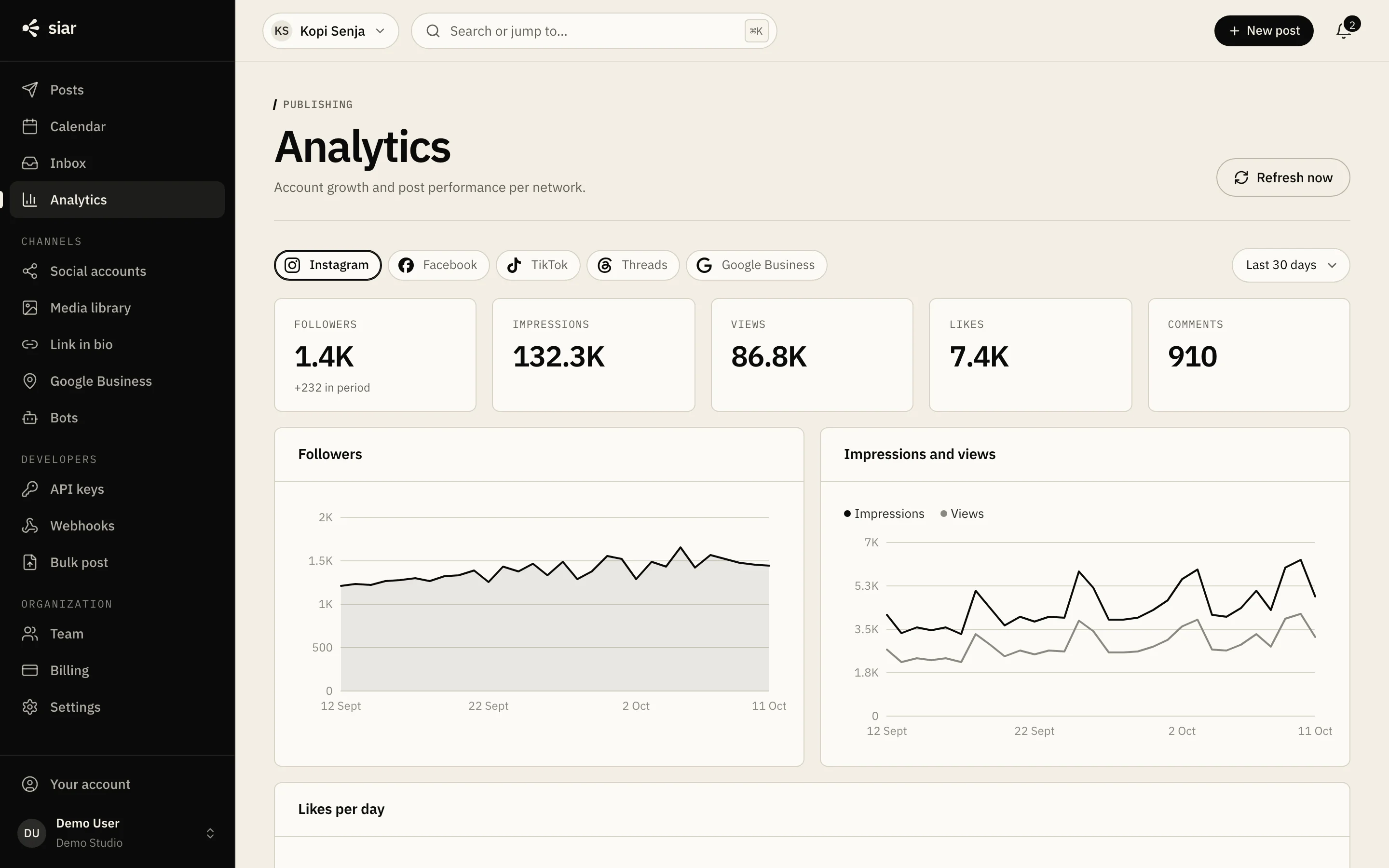 Analytics for an Instagram account over 30 days