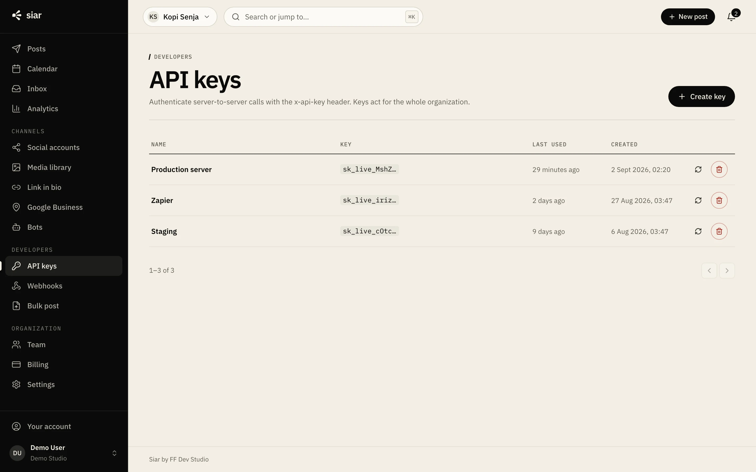 API keys with when each was last used