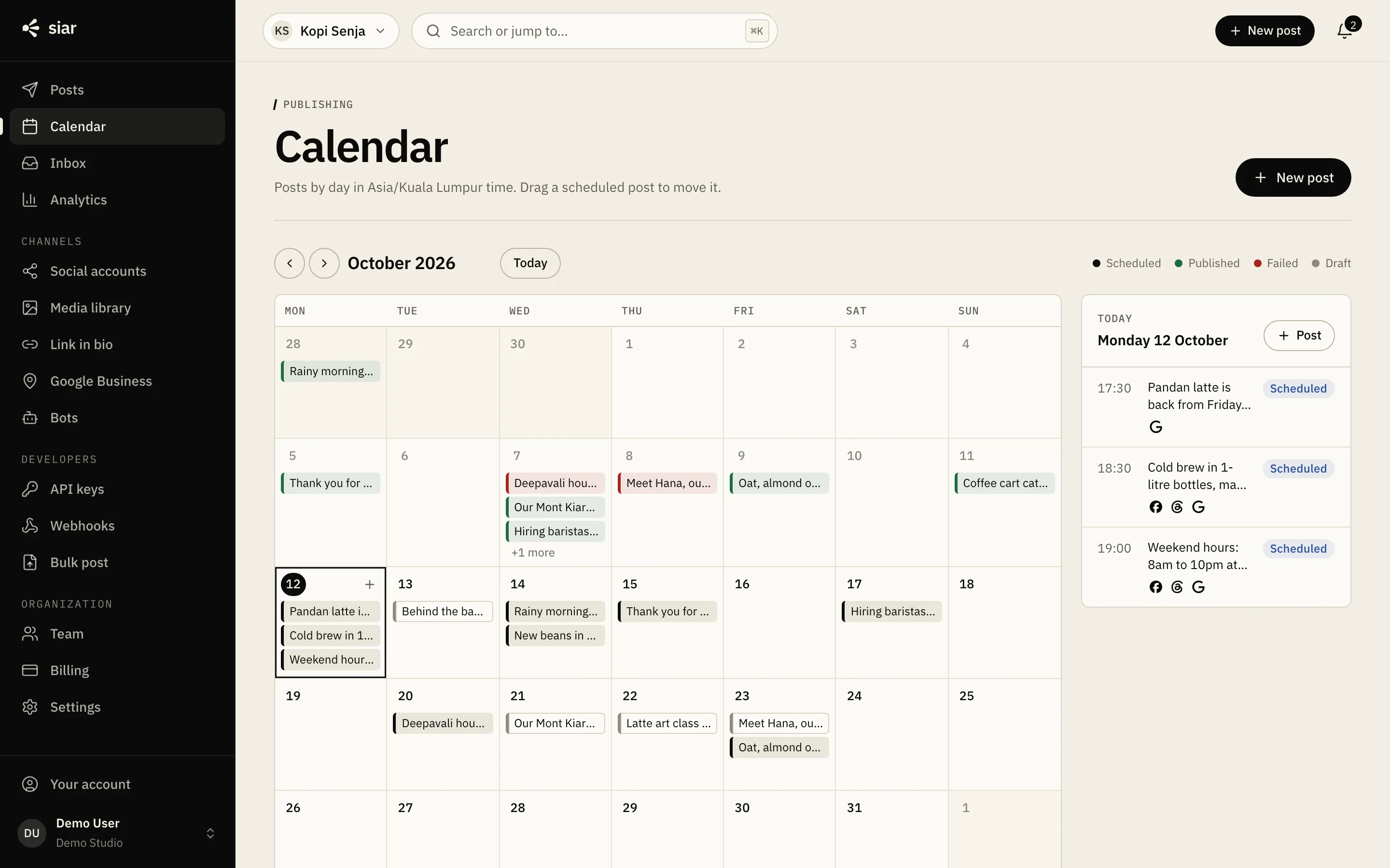The calendar with a month of scheduled and published posts