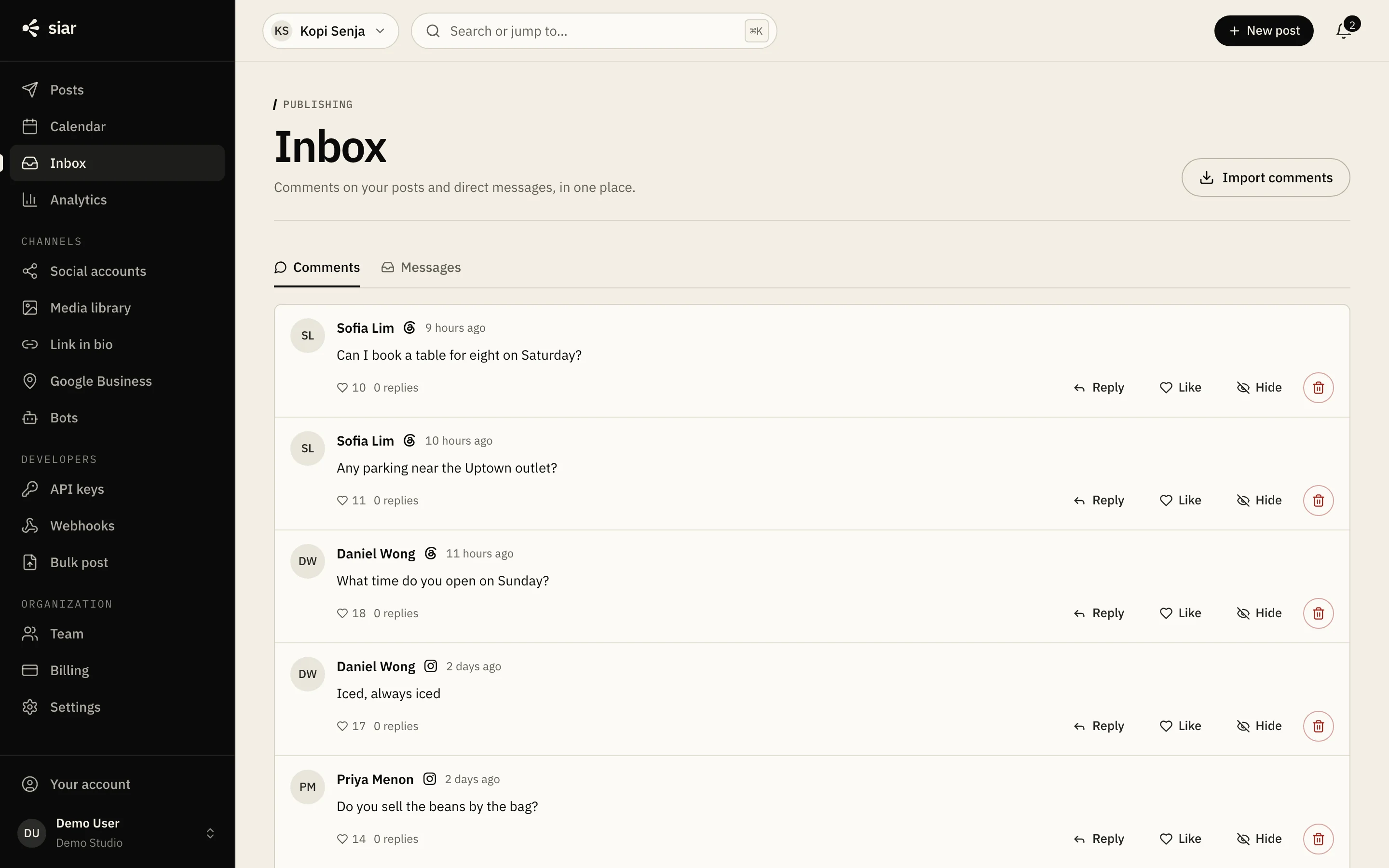 The inbox with customer comments from Threads, Facebook and TikTok