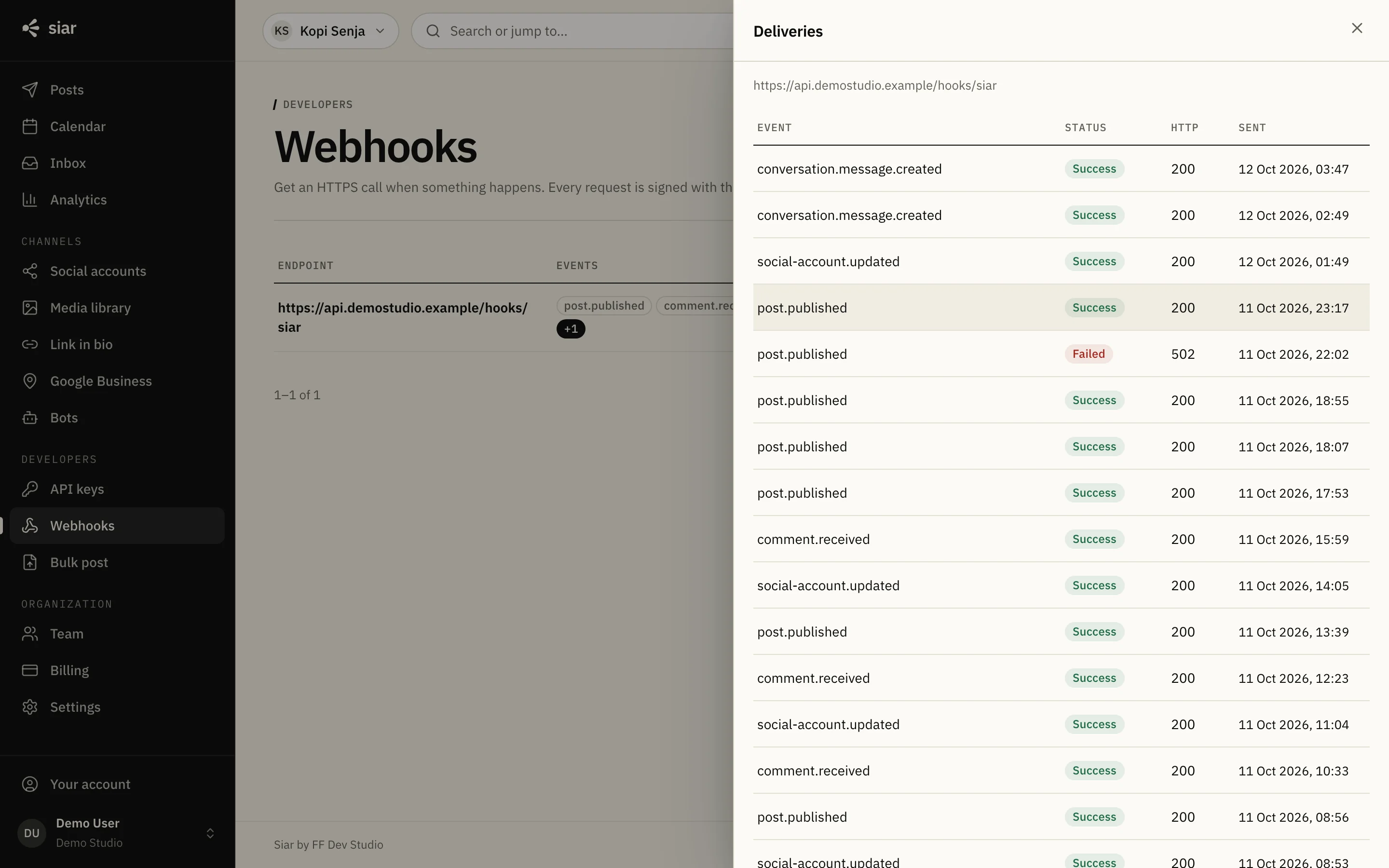 A webhook endpoint's delivery log